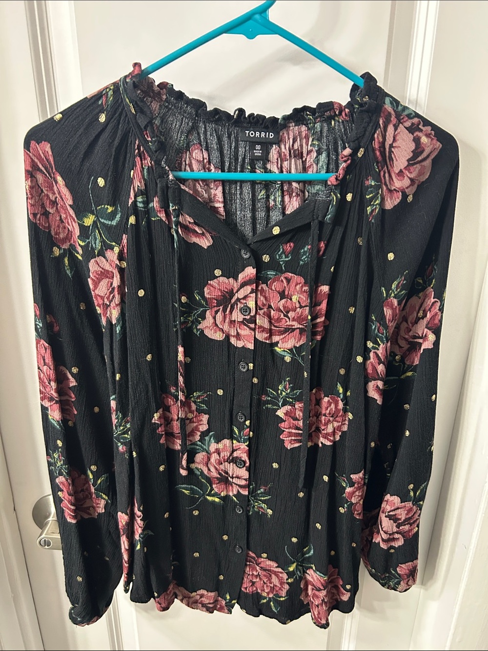 torrid Black Blouse with Pink Rose Print and Gold Dots
